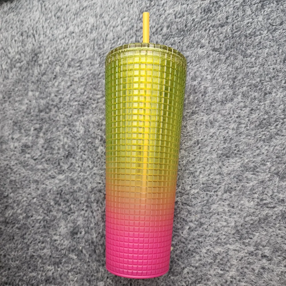 Starbucks Tumbler Cup Pink and Yellow Grid Textured Design Venti